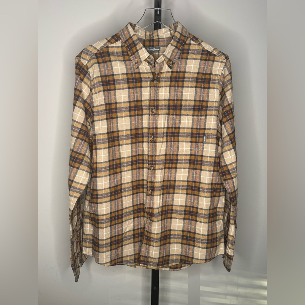 Eddie Bauer FlannelPlaid Button-Down Shirt in Cream and Brown